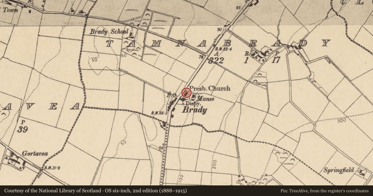 Ordnance Survey six-inch map, 2nd edition (1888–1915) covering the location of Bready Reformed Presbyterian Church, Derry City and Strabane, with a pin at the register's coordinates