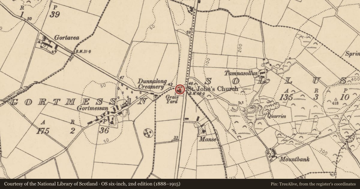 Ordnance Survey six-inch map, 2nd edition (1888–1915) covering the location of St John’s Church of Ireland, Drumgauty, Derry City and Strabane, with a pin at the register's coordinates