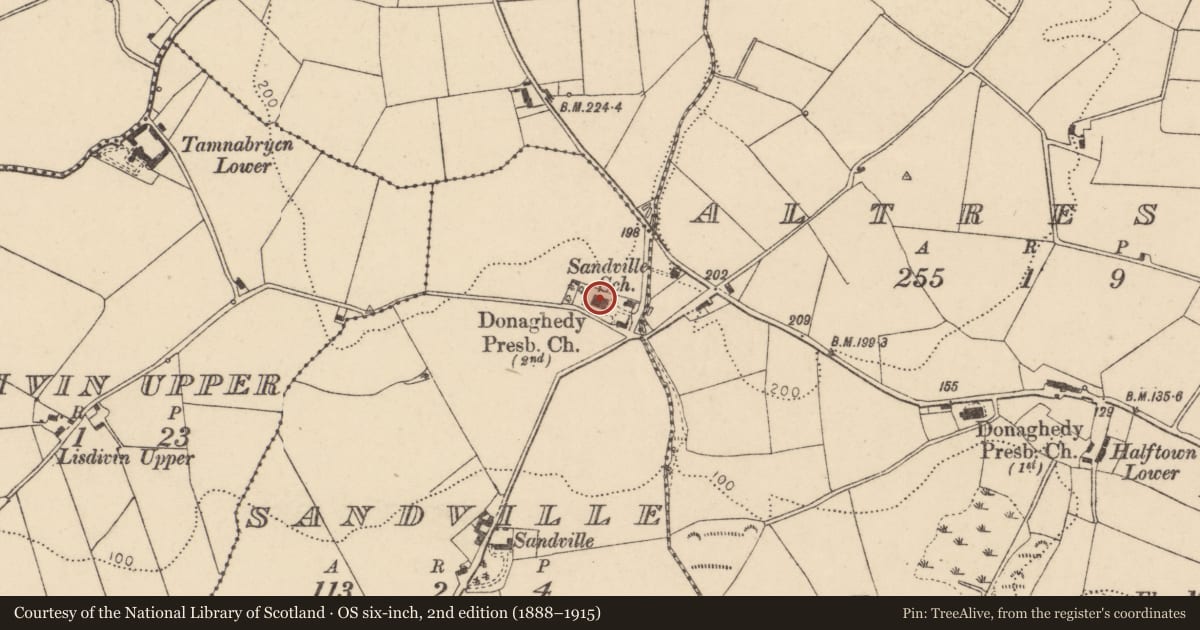 Ordnance Survey six-inch map, 2nd edition (1888–1915) covering the location of Donaghedy 2nd Presbyterian Church, Sandville, Derry City and Strabane, with a pin at the register's coordinates