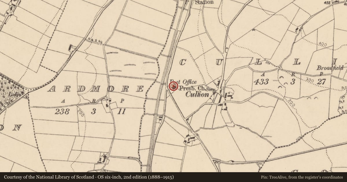 Ordnance Survey six-inch map, 2nd edition (1888–1915) covering the location of Cullion Presbyterian Church, Duncastle Road, Cullion, Dunamanagh, Strabane, Co Tyrone, Derry City and Strabane, with a pin at the register's coordinates