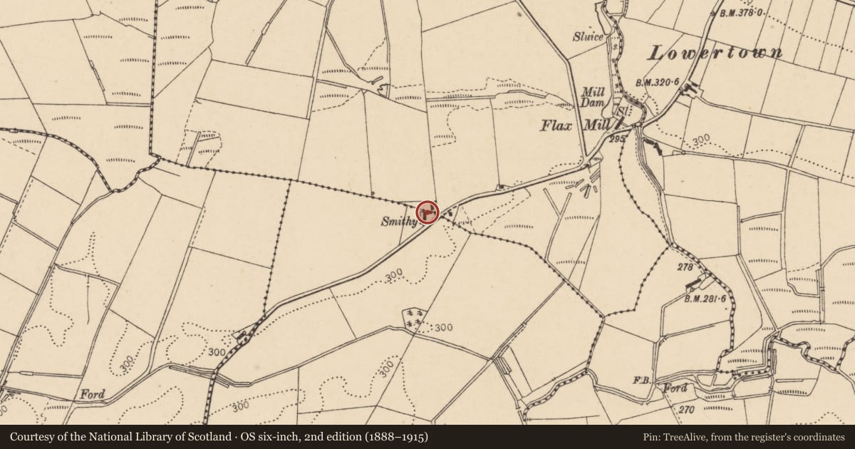 Ordnance Survey six-inch map, 2nd edition (1888–1915) covering the location of 44 Castlewarren Road, Donemana, Strabane, Co Tyrone BT82 0PJ, Church Hill, Derry City and Strabane, with a pin at the register's coordinates