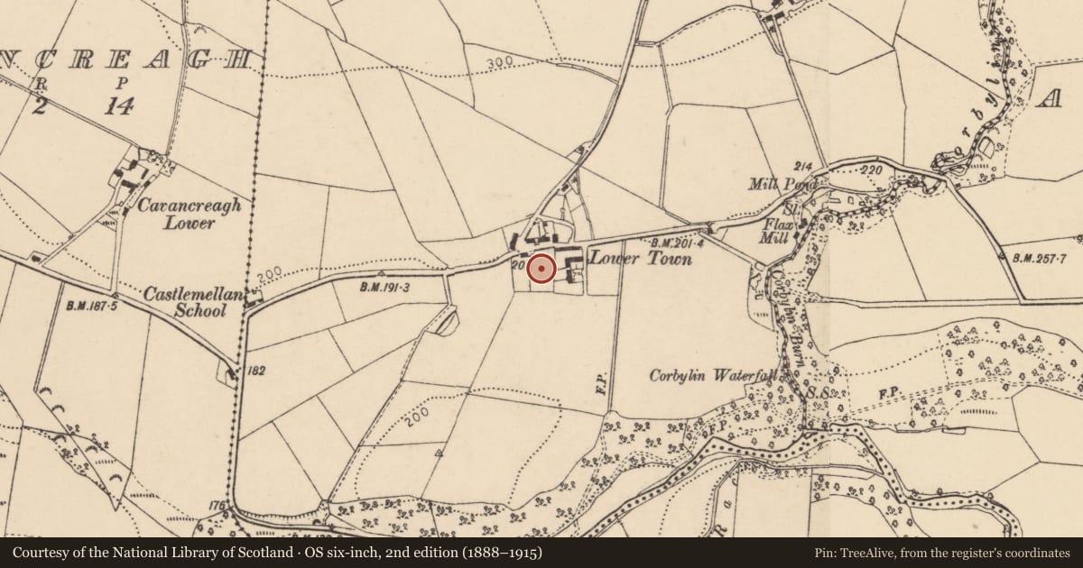Ordnance Survey six-inch map, 2nd edition (1888–1915) covering the location of 15 Ardcame Road, Strabane, Co Tyrone BT82 0LT, Castlemellan, Derry City and Strabane, with a pin at the register's coordinates
