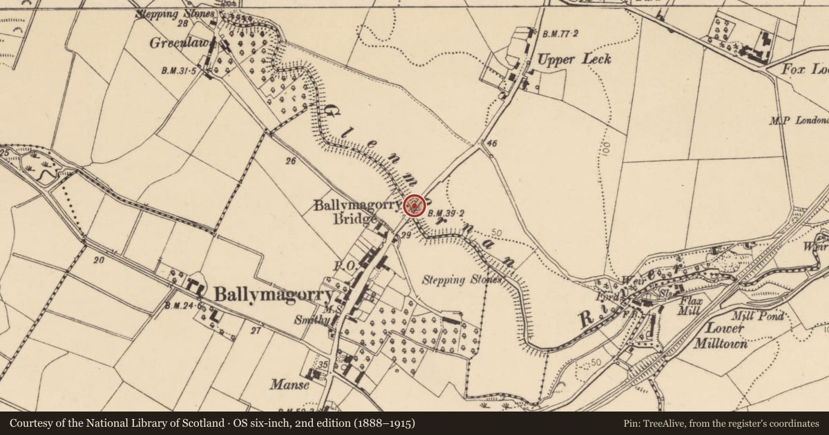Ordnance Survey six-inch map, 2nd edition (1888–1915) covering the location of Ballymagorry Bridge Over The Glenmornan River Ballymagorry, Derry City and Strabane, with a pin at the register's coordinates