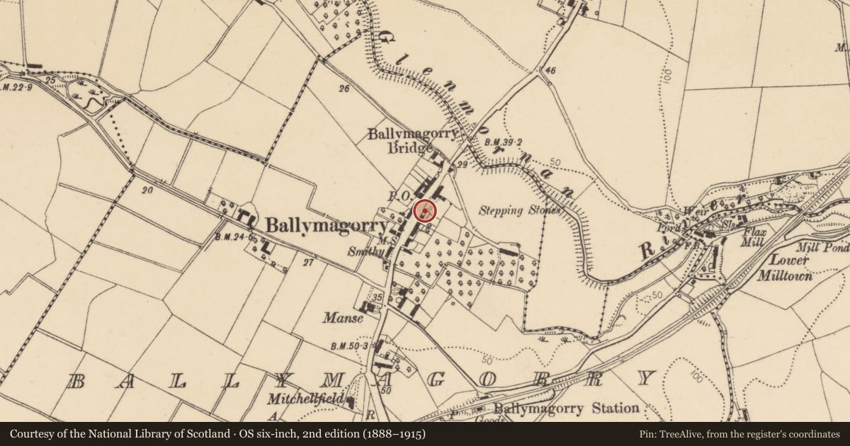 Ordnance Survey six-inch map, 2nd edition (1888–1915) covering the location of Pump, Ballymagorry, Derry City and Strabane, with a pin at the register's coordinates