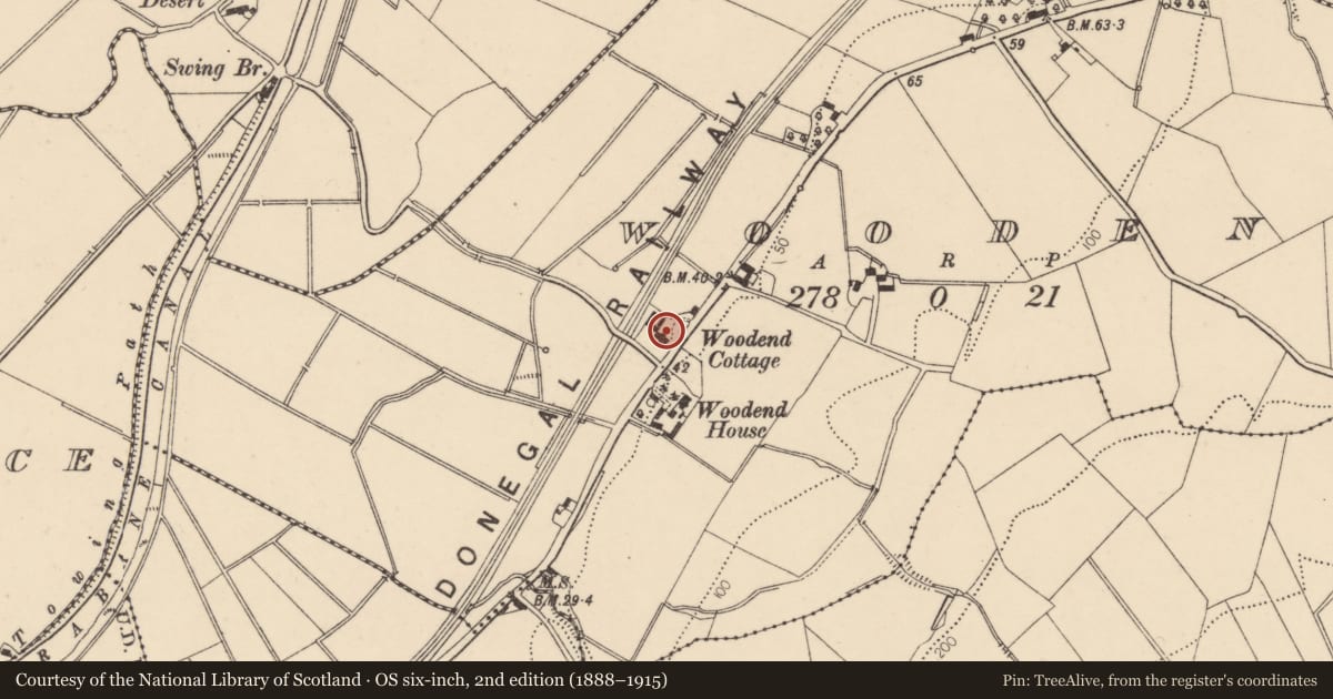Ordnance Survey six-inch map, 2nd edition (1888–1915) covering the location of Woodend Cottage, Derry City and Strabane, with a pin at the register's coordinates