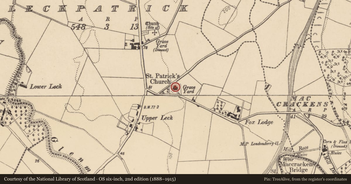 Ordnance Survey six-inch map, 2nd edition (1888–1915) covering the location of St Patrick's (C of I) Church, Leckpatrick, Derry City and Strabane, with a pin at the register's coordinates