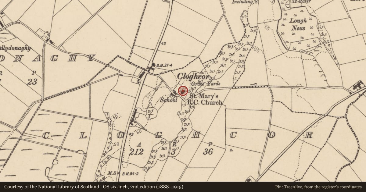 Ordnance Survey six-inch map, 2nd edition (1888–1915) covering the location of St Mary's RC Church, Cloghcor, Derry City and Strabane, with a pin at the register's coordinates