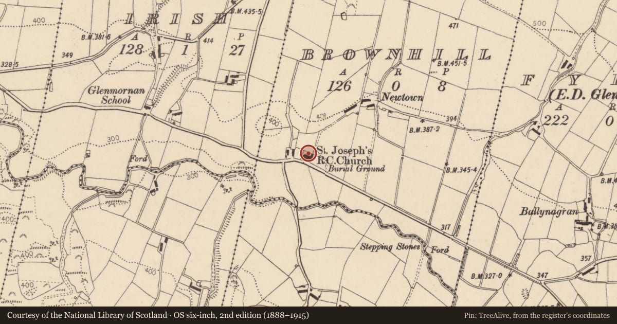 Ordnance Survey six-inch map, 2nd edition (1888–1915) covering the location of St Joseph's RC Church, Brownhill, Derry City and Strabane, with a pin at the register's coordinates