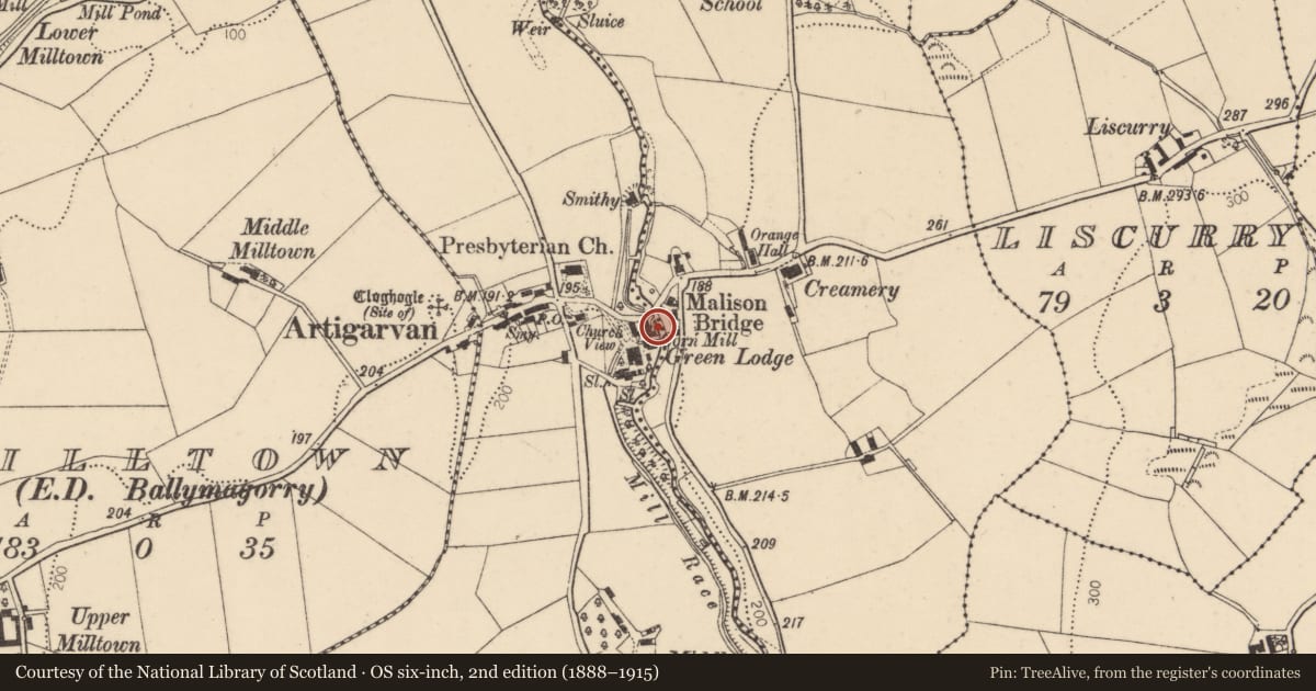 Ordnance Survey six-inch map, 2nd edition (1888–1915) covering the location of Miller’s Mill, Artigarvan, Derry City and Strabane, with a pin at the register's coordinates