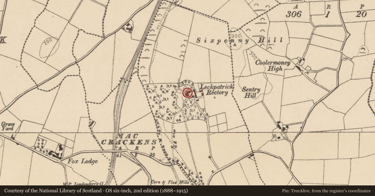 Ordnance Survey six-inch map, 2nd edition (1888–1915) covering the location of Former Leckpatrick Rectory, Glebe, with a pin at the register's coordinates