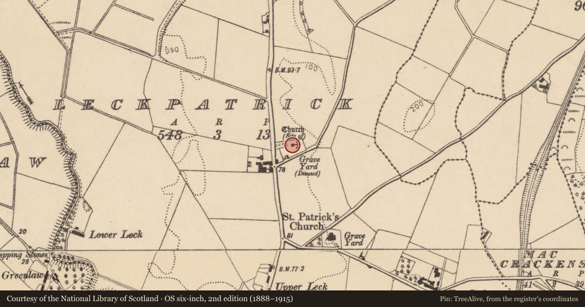 Ordnance Survey six-inch map, 2nd edition (1888–1915) covering the location of Leckpatrick Old Graveyard, with a pin at the register's coordinates