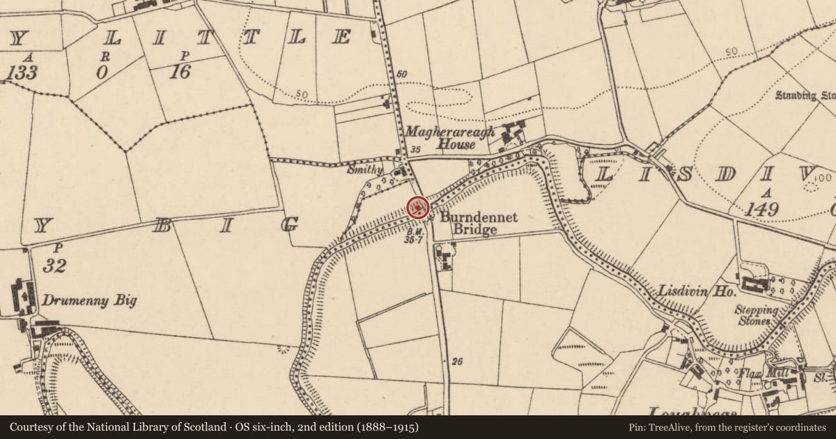 Ordnance Survey six-inch map, 2nd edition (1888–1915) covering the location of Burndennet Bridge, Victoria Road, Bready, Strabane, Co Tyrone, Derry City and Strabane, with a pin at the register's coordinates