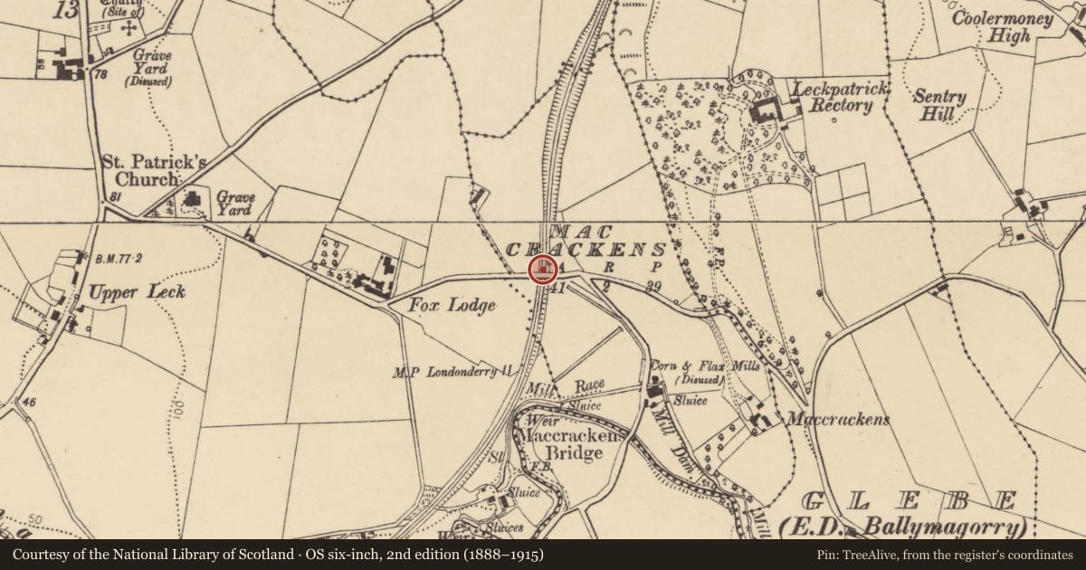 Ordnance Survey six-inch map, 2nd edition (1888–1915) covering the location of Bridge, Leckpatrick Road, Sentry Hill, Ballymagorry, Strabane, Co Tyrone, MacCrackens, Derry City and Strabane, with a pin at the register's coordinates