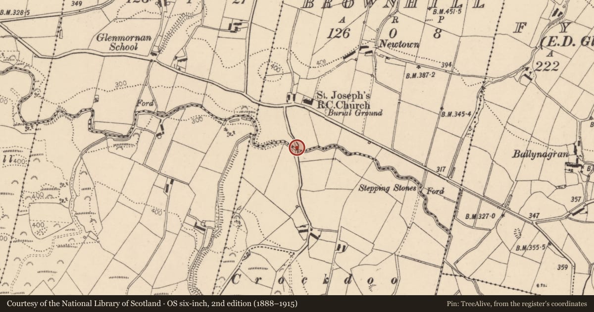 Ordnance Survey six-inch map, 2nd edition (1888–1915) covering the location of Bridge at Gorticrum Road, Artigarvan, Strabane, Co Tyrone BT82, Derry City and Strabane, with a pin at the register's coordinates