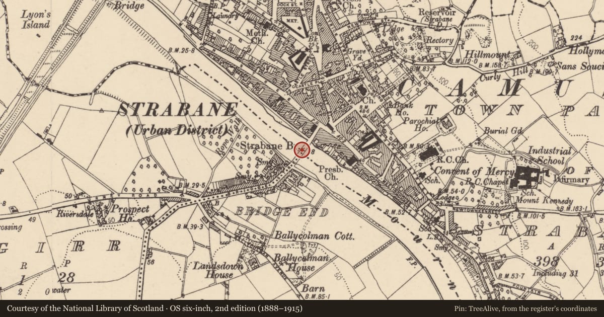 Ordnance Survey six-inch map, 2nd edition (1888–1915) covering the location of Strabane Bridge, Townparks of Strabane/Magirr Ballycolman, Derry City and Strabane, with a pin at the register's coordinates