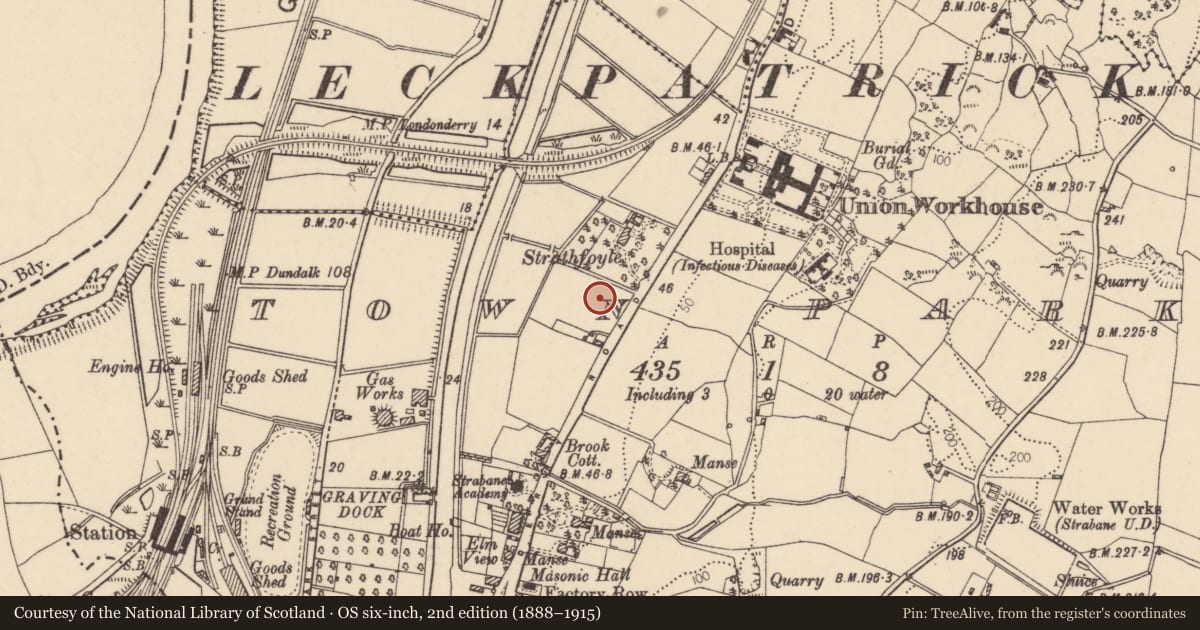 Ordnance Survey six-inch map, 2nd edition (1888–1915) covering the location of Sacred Heart Roman Catholic Church, Town Parks of Strabane, Derry City and Strabane, with a pin at the register's coordinates