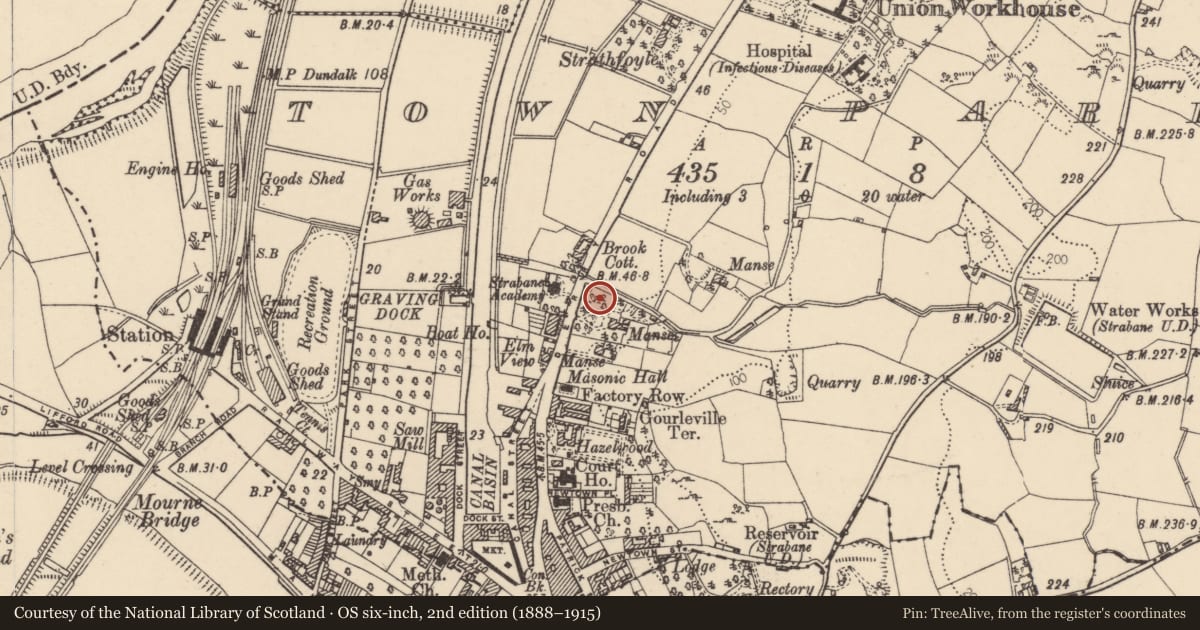 Ordnance Survey six-inch map, 2nd edition (1888–1915) covering the location of Strabane Presbyterian Church, Town Parks of Strabane, Derry City and Strabane, with a pin at the register's coordinates