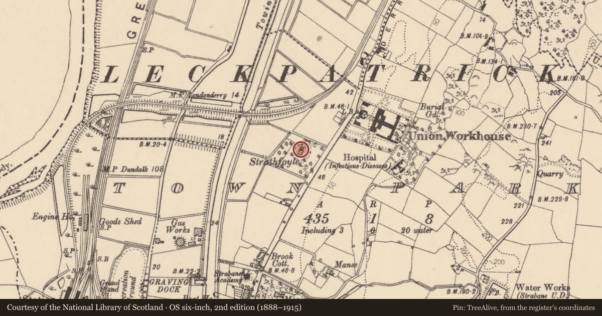 Ordnance Survey six-inch map, 2nd edition (1888–1915) covering the location of Strathfoyle, Derry Road, Strabane, Co Tyrone BT82 8DX, Town Parks of Strabane, Derry City and Strabane, with a pin at the register's coordinates