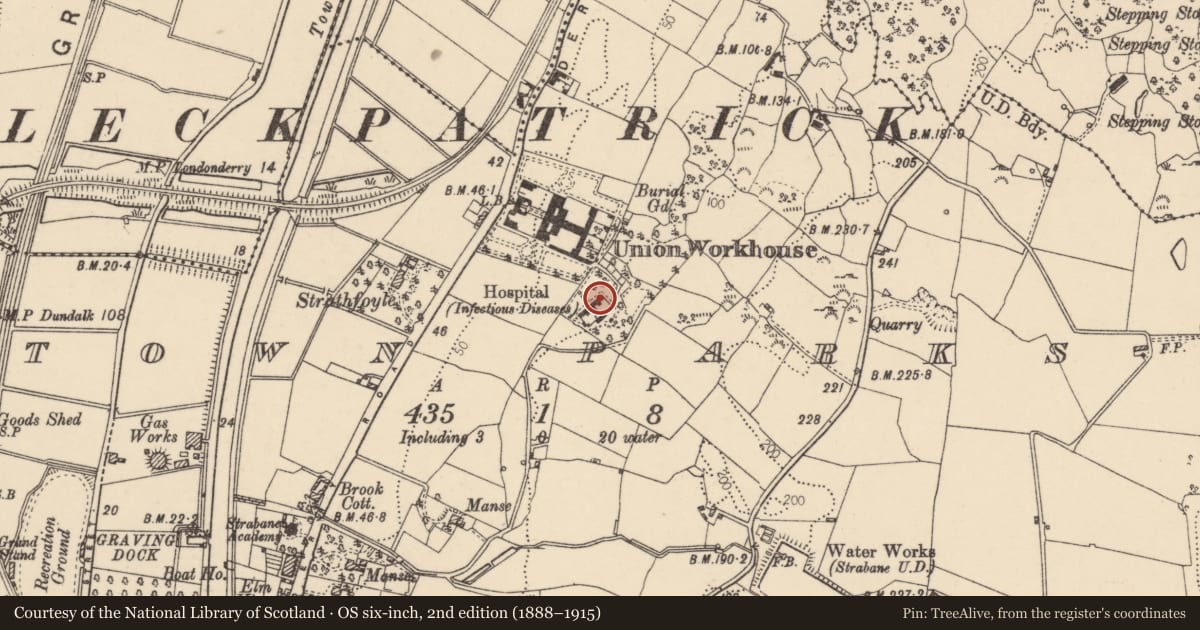 Ordnance Survey six-inch map, 2nd edition (1888–1915) covering the location of Former Strabane Hospital, Derry Road, Strabane, Co Tyrone T82 8DY, Derry City and Strabane, with a pin at the register's coordinates