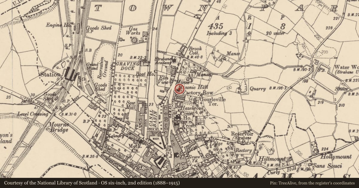 Ordnance Survey six-inch map, 2nd edition (1888–1915) covering the location of Masonic Lodge, 11 Derry Road, Strabane, Co Tyrone BT82 8DT, Town Parks of Strabane, Derry City and Strabane, with a pin at the register's coordinates