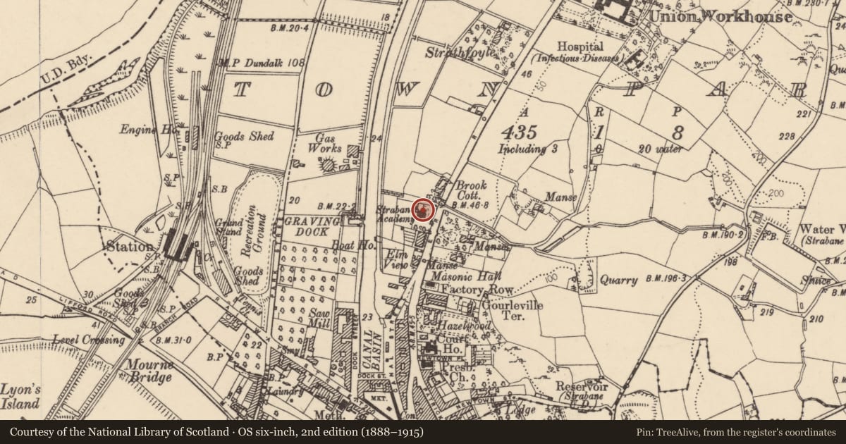 Ordnance Survey six-inch map, 2nd edition (1888–1915) covering the location of North West Regional College, 10 Derry Road, Strabane, Co Tyrone BT82 8DX, Town Parks of Strabane, Derry City and Strabane, with a pin at the register's coordinates