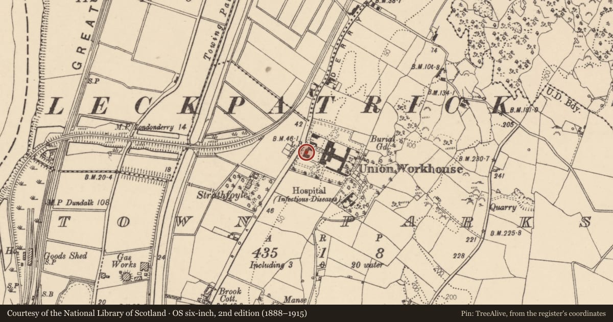 Ordnance Survey six-inch map, 2nd edition (1888–1915) covering the location of Strabane RDC, Derry Road, Strabane, Co Tyrone BT82 8DY, Derry City and Strabane, with a pin at the register's coordinates