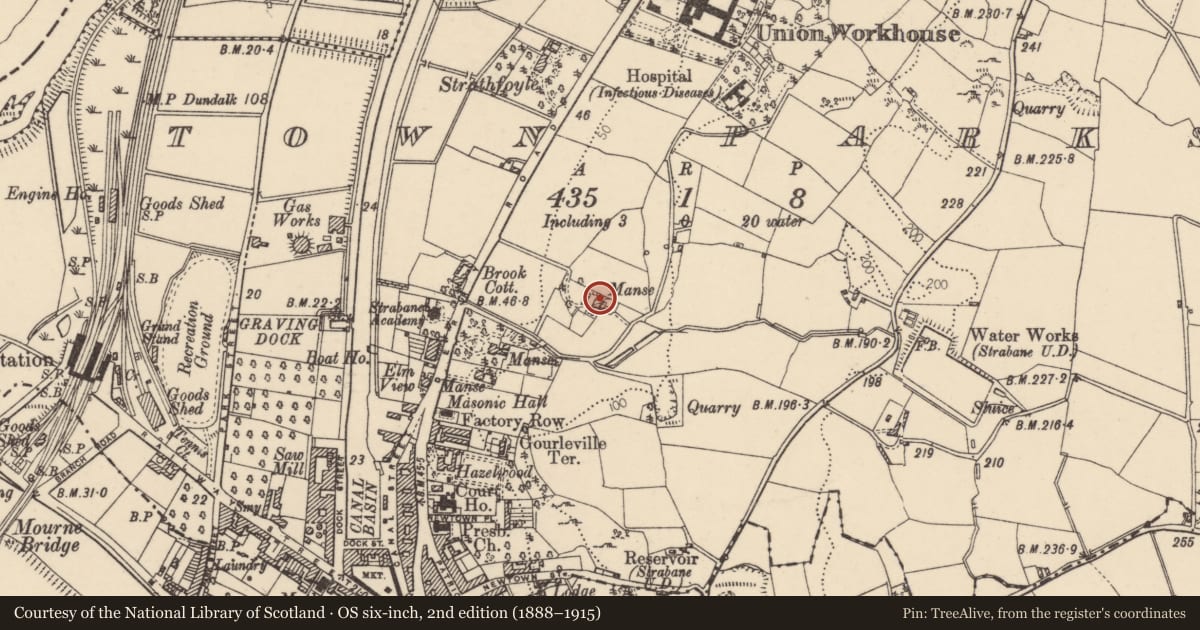 Ordnance Survey six-inch map, 2nd edition (1888–1915) covering the location of The Beeches, Derry Road, Strabane BT82 8DY, Town Parks of Strabane, Derry City and Strabane, with a pin at the register's coordinates