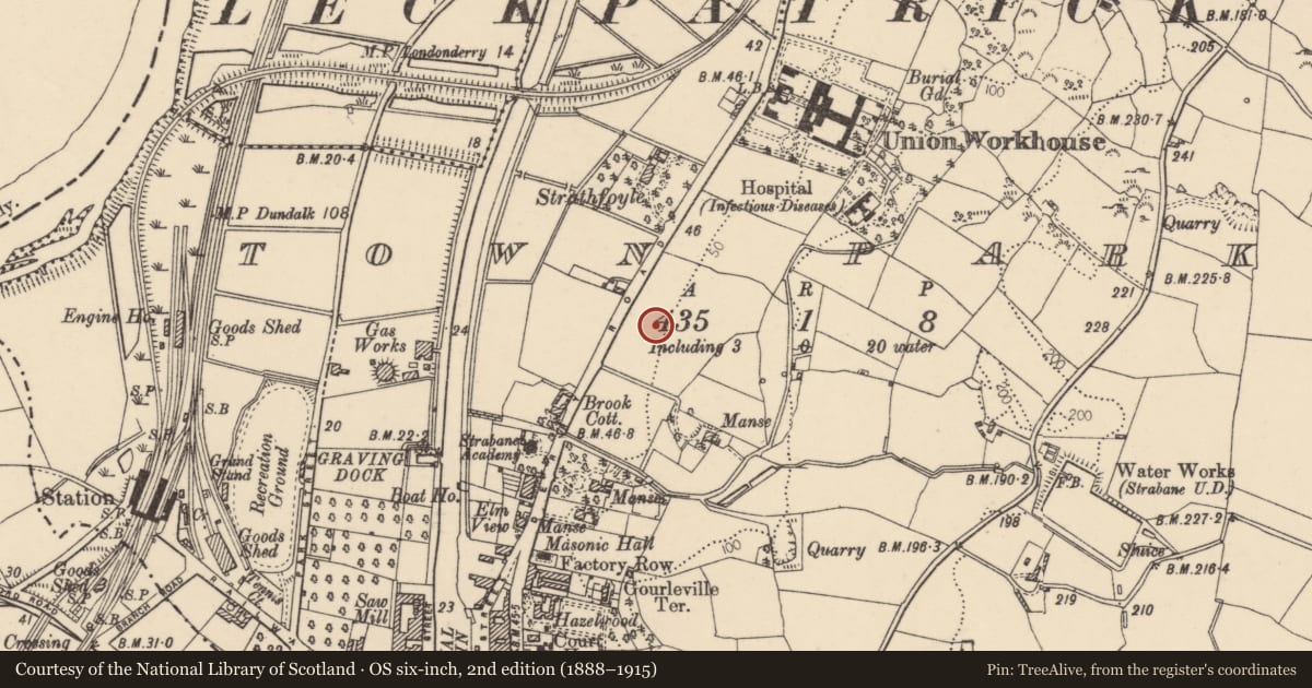 Ordnance Survey six-inch map, 2nd edition (1888–1915) covering the location of Former Strabane Technical College, Town Parks of Strabane, Derry City and Strabane, with a pin at the register's coordinates