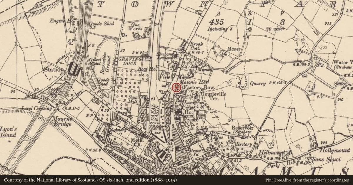 Ordnance Survey six-inch map, 2nd edition (1888–1915) covering the location of 9 Derry Road, Strabane, Co Tyrone, BT82 8DT, Town Parks Strabane, Derry City and Strabane, with a pin at the register's coordinates