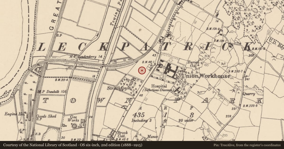 Ordnance Survey six-inch map, 2nd edition (1888–1915) covering the location of 'Cloneen' 34 Derry Road, Strabane, Co Tyrone, BT82 8DX, Town Parks of Strabane, Derry City and Strabane, with a pin at the register's coordinates