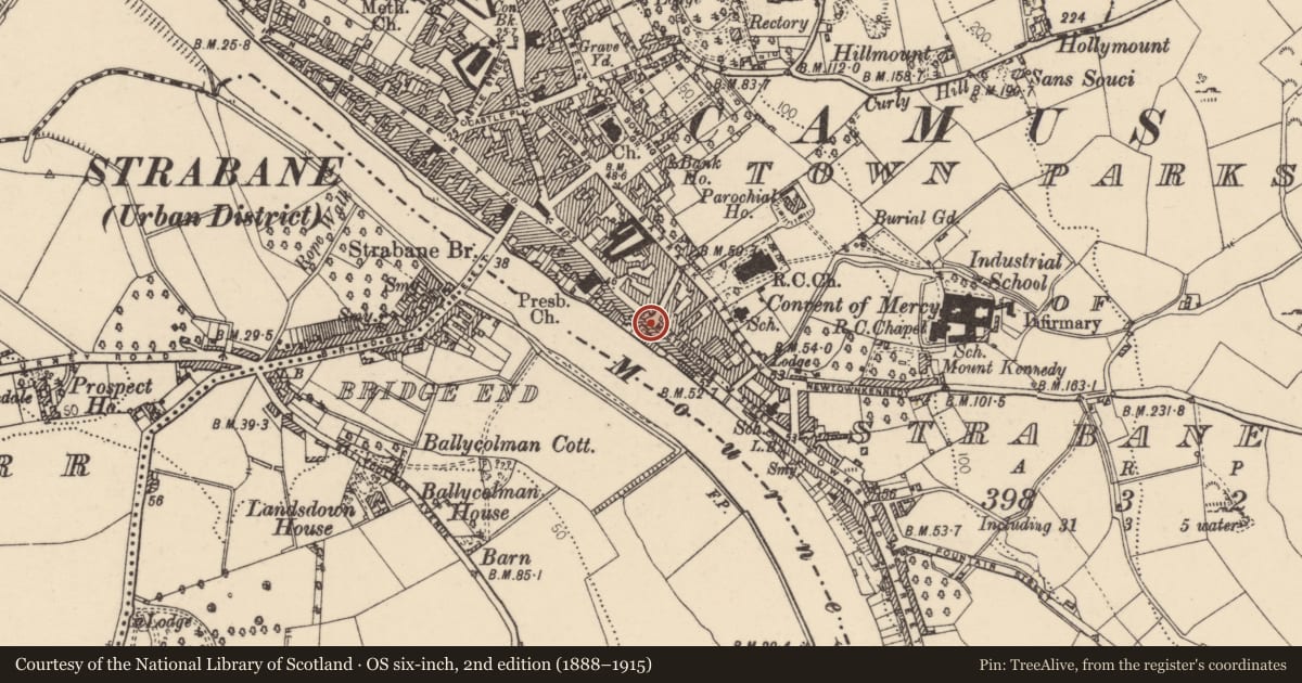Ordnance Survey six-inch map, 2nd edition (1888–1915) covering the location of 21 Meeting House Street, Strabane, Co Tyrone BT82, Derry City and Strabane, with a pin at the register's coordinates