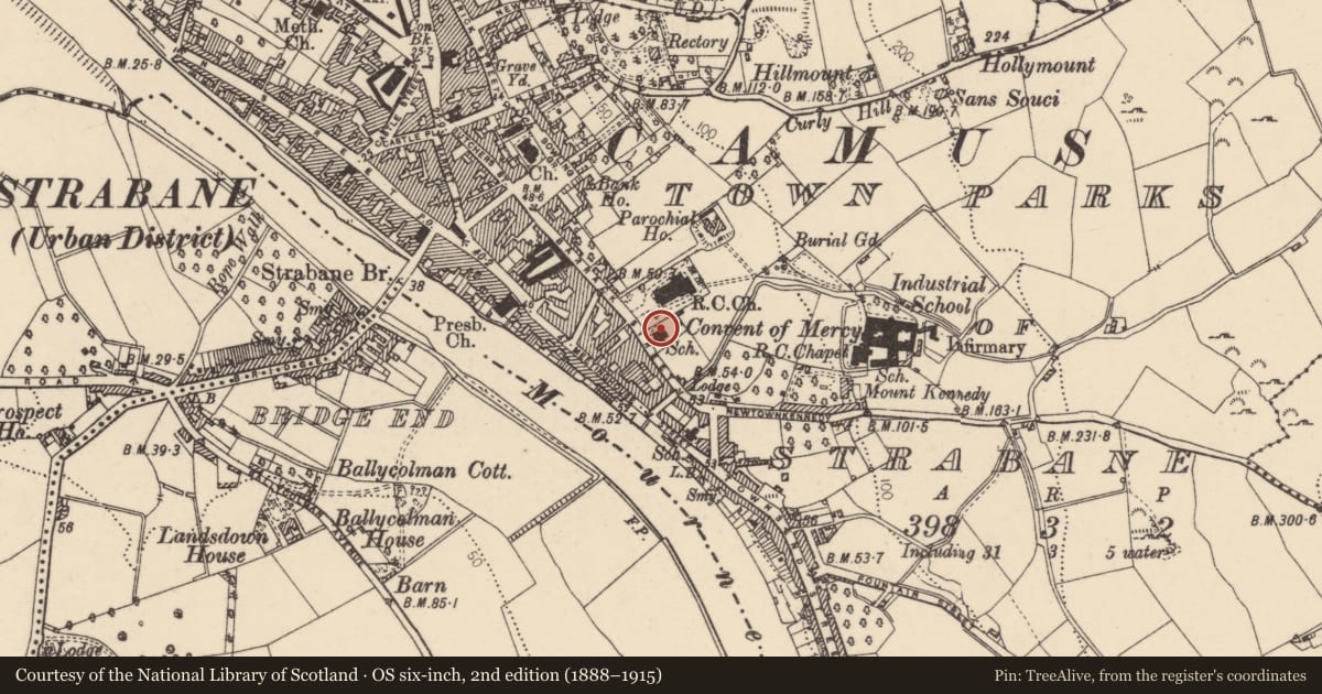Ordnance Survey six-inch map, 2nd edition (1888–1915) covering the location of Barrack Street Boy's Primary School, Town Parks of Strabane, Derry City and Strabane, with a pin at the register's coordinates