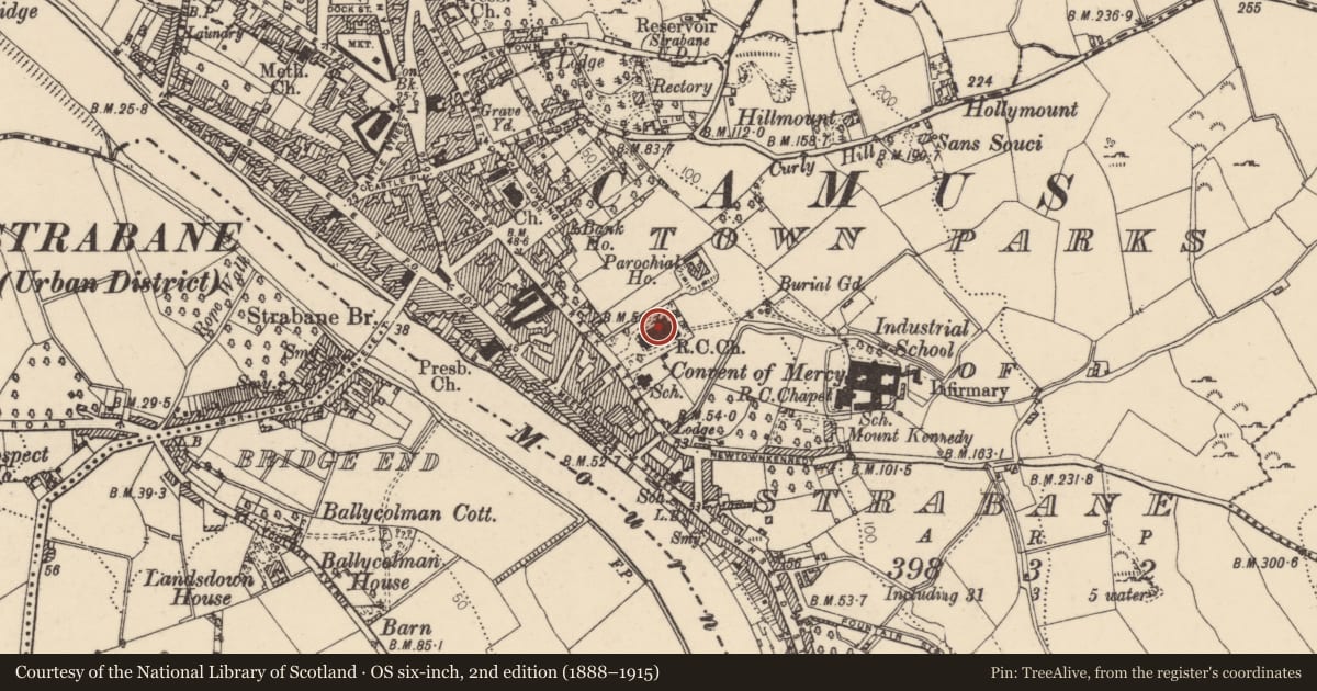 Ordnance Survey six-inch map, 2nd edition (1888–1915) covering the location of Church Of The Immaculate Conception (RC), Town Parks of Strabane, Derry City and Strabane, with a pin at the register's coordinates