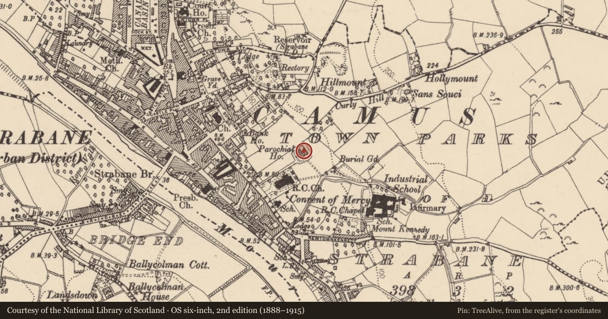 Ordnance Survey six-inch map, 2nd edition (1888–1915) covering the location of Parochial House ('Strabane Presbytery'), Town Parks of Strabane, Derry City and Strabane, with a pin at the register's coordinates
