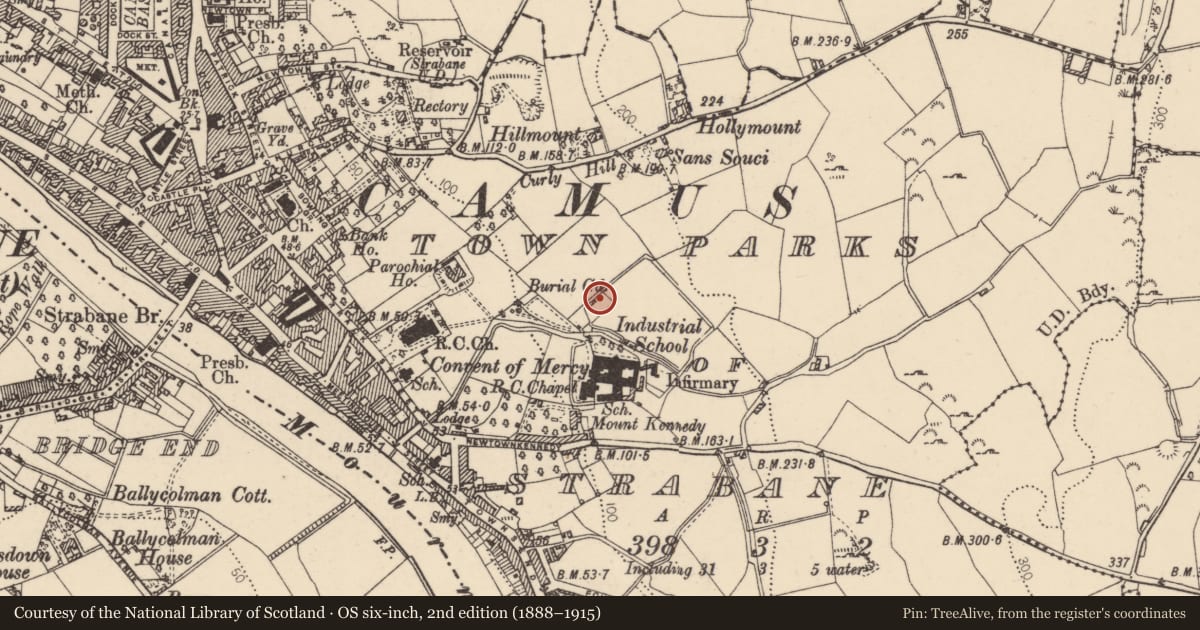 Ordnance Survey six-inch map, 2nd edition (1888–1915) covering the location of Site of former Convent of Mercy off Barrack Street, Newtownkennedy (Road), Strabane, Co Tyrone, Town Parks of Strabane, Derry City and Strabane, with a pin at the register's coordinates