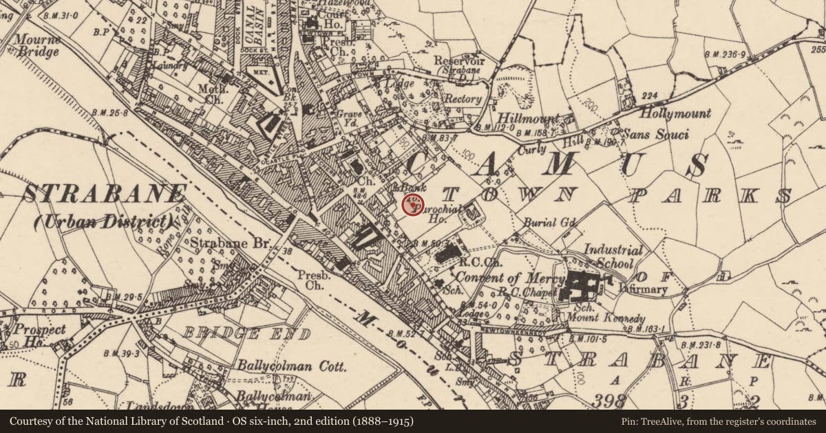 Ordnance Survey six-inch map, 2nd edition (1888–1915) covering the location of Site of former no. 13 Bowling Green, Strabane, Co Tyrone, Town Parks of Strabane, Derry City and Strabane, with a pin at the register's coordinates