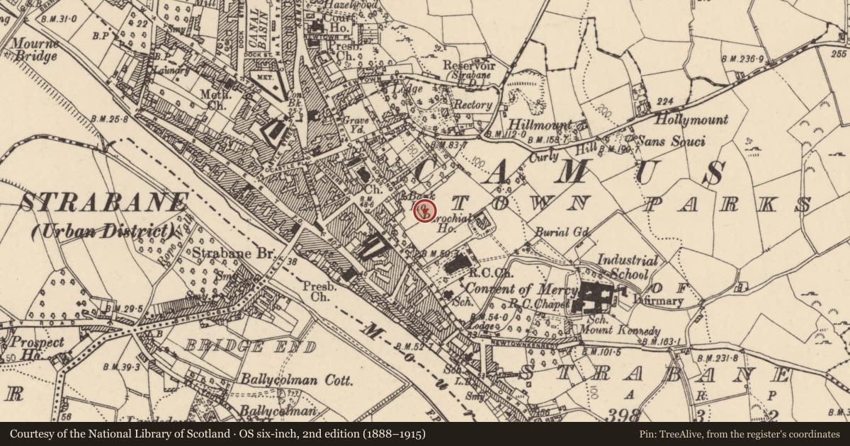 Ordnance Survey six-inch map, 2nd edition (1888–1915) covering the location of Site of former no. 15 Bowling Green, Strabane, Co Tyrone, Town Parks of Strabane, Derry City and Strabane, with a pin at the register's coordinates