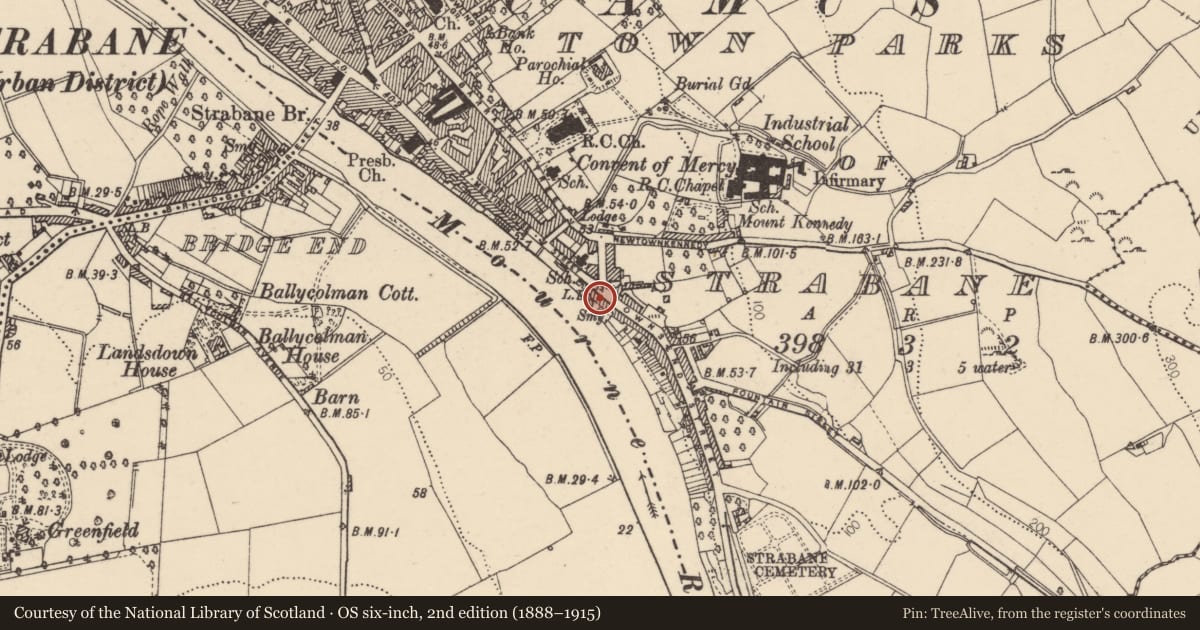 Ordnance Survey six-inch map, 2nd edition (1888–1915) covering the location of Site of former nos. 5-9 Townsend Street, Strabane, Co Tyrone, Town Parks of Strabane, Derry City and Strabane, with a pin at the register's coordinates