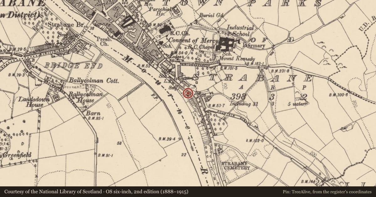 Ordnance Survey six-inch map, 2nd edition (1888–1915) covering the location of Site of former no. 30 Townsend Street, Strabane, Co Tyrone, Town Parks of Strabane, Derry City and Strabane, with a pin at the register's coordinates