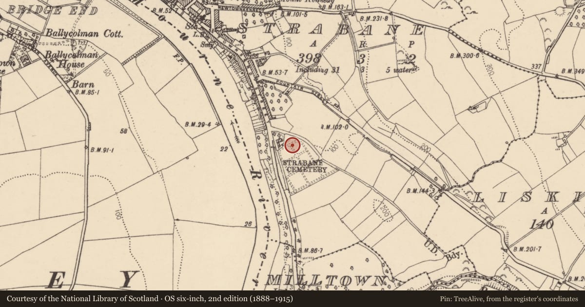 Ordnance Survey six-inch map, 2nd edition (1888–1915) covering the location of Strabane Cemetery, Cemetery Road, Strabane, Co Tyrone, Town Parks of Strabane, Derry City and Strabane, with a pin at the register's coordinates