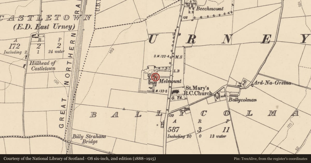 Ordnance Survey six-inch map, 2nd edition (1888–1915) covering the location of St Mary's Church, Melmount Road, Strabane, Co Tyrone BT82 9EF, Derry City and Strabane, with a pin at the register's coordinates