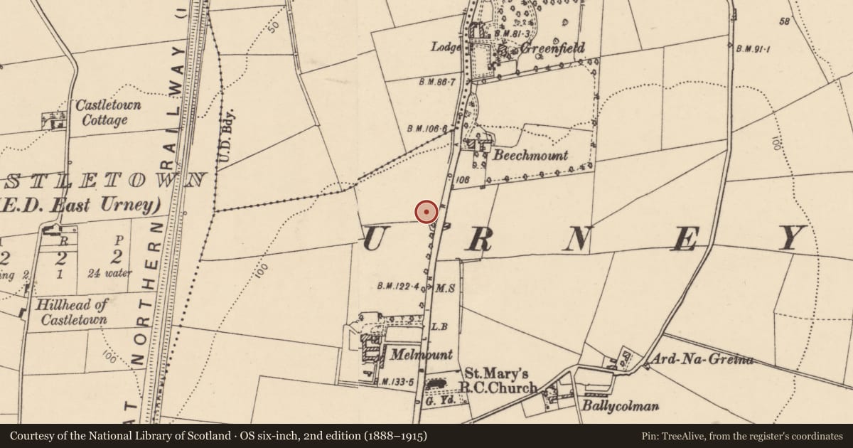 Ordnance Survey six-inch map, 2nd edition (1888–1915) covering the location of 'Farthings' 31 MelmountRoad, Strabane, Co Tyrone BT82 9EE, Derry City and Strabane, with a pin at the register's coordinates