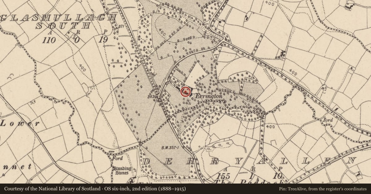 Ordnance Survey six-inch map, 2nd edition (1888–1915) covering the location of Errington, Glengeen, Fermanagh and Omagh, with a pin at the register's coordinates