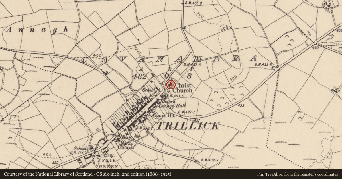 Ordnance Survey six-inch map, 2nd edition (1888–1915) covering the location of Christ Church (CoI), Cavanamara, Fermanagh and Omagh, with a pin at the register's coordinates