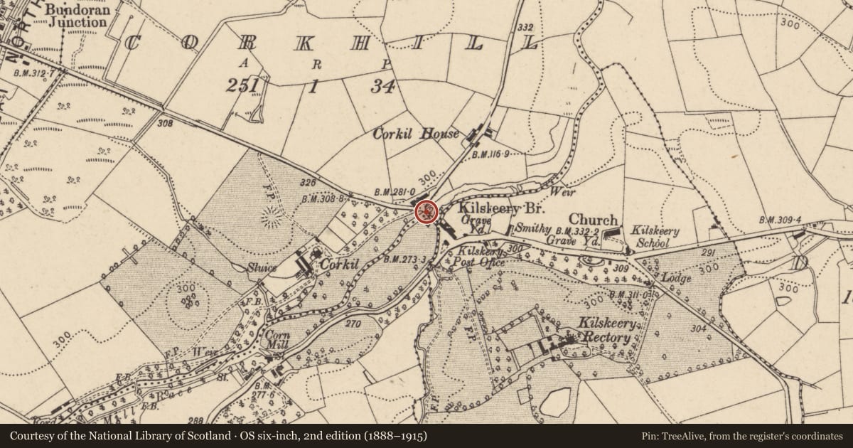 Ordnance Survey six-inch map, 2nd edition (1888–1915) covering the location of Kilskeery Bridge, Kilskeery Road, Kilskeery, Co Tyrone, Fermanagh and Omagh, with a pin at the register's coordinates