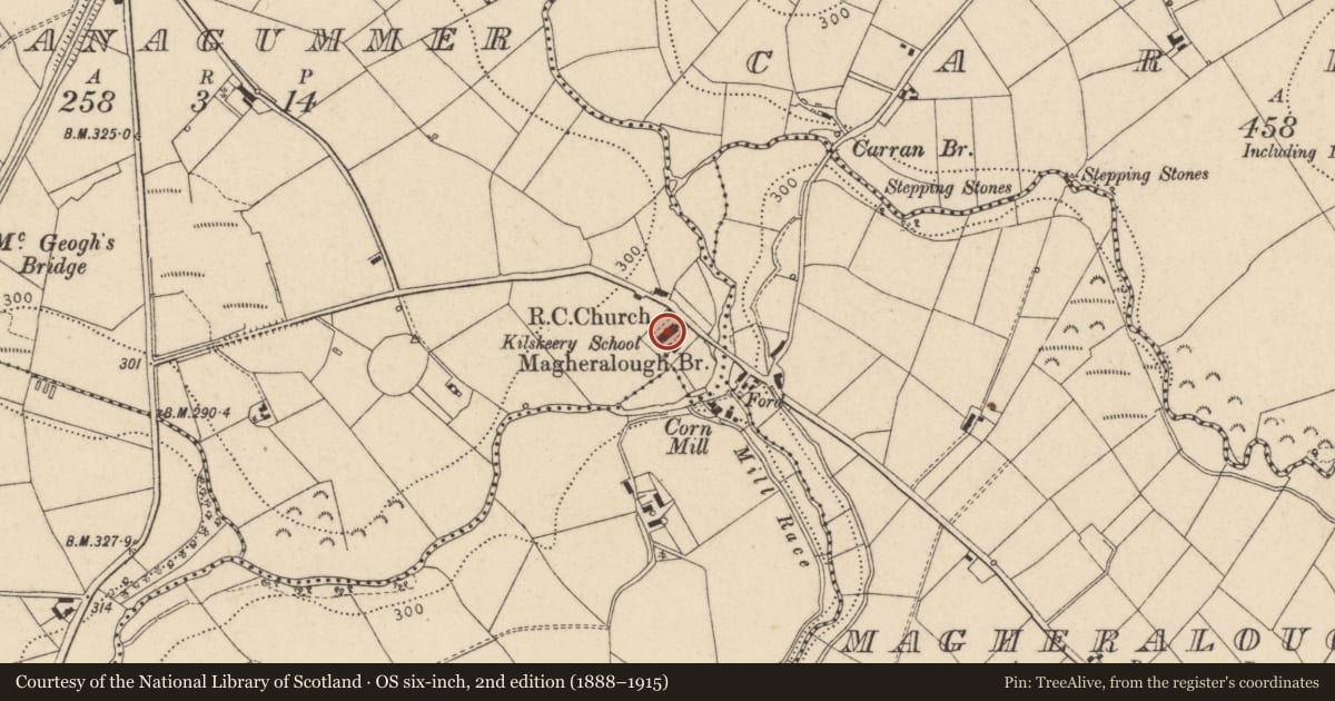 Ordnance Survey six-inch map, 2nd edition (1888–1915) covering the location of St McCarten's RC Church, Magheralough Road, Trillick, Co Tyrone, Fermanagh and Omagh, with a pin at the register's coordinates