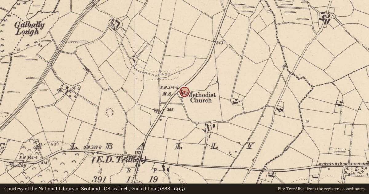 Ordnance Survey six-inch map, 2nd edition (1888–1915) covering the location of Togherdoo Methodist Church, Galbally Road, Trillick, Co Tyrone, Fermanagh and Omagh, with a pin at the register's coordinates