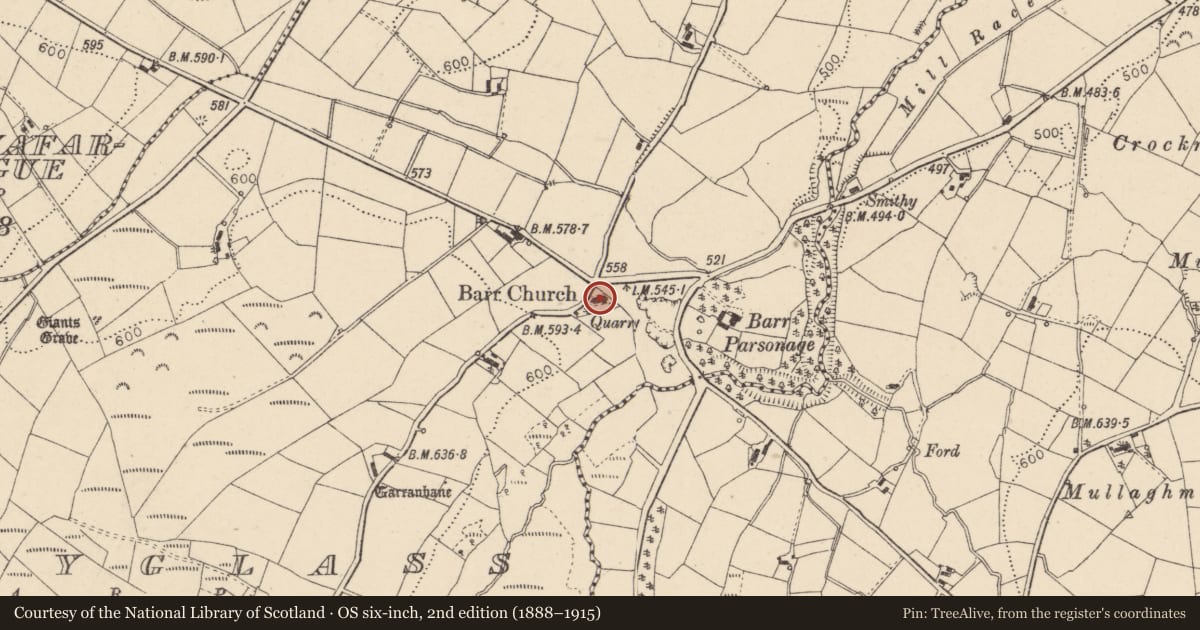 Ordnance Survey six-inch map, 2nd edition (1888–1915) covering the location of Barr Parish Church, Carryglass, Fermanagh and Omagh, with a pin at the register's coordinates