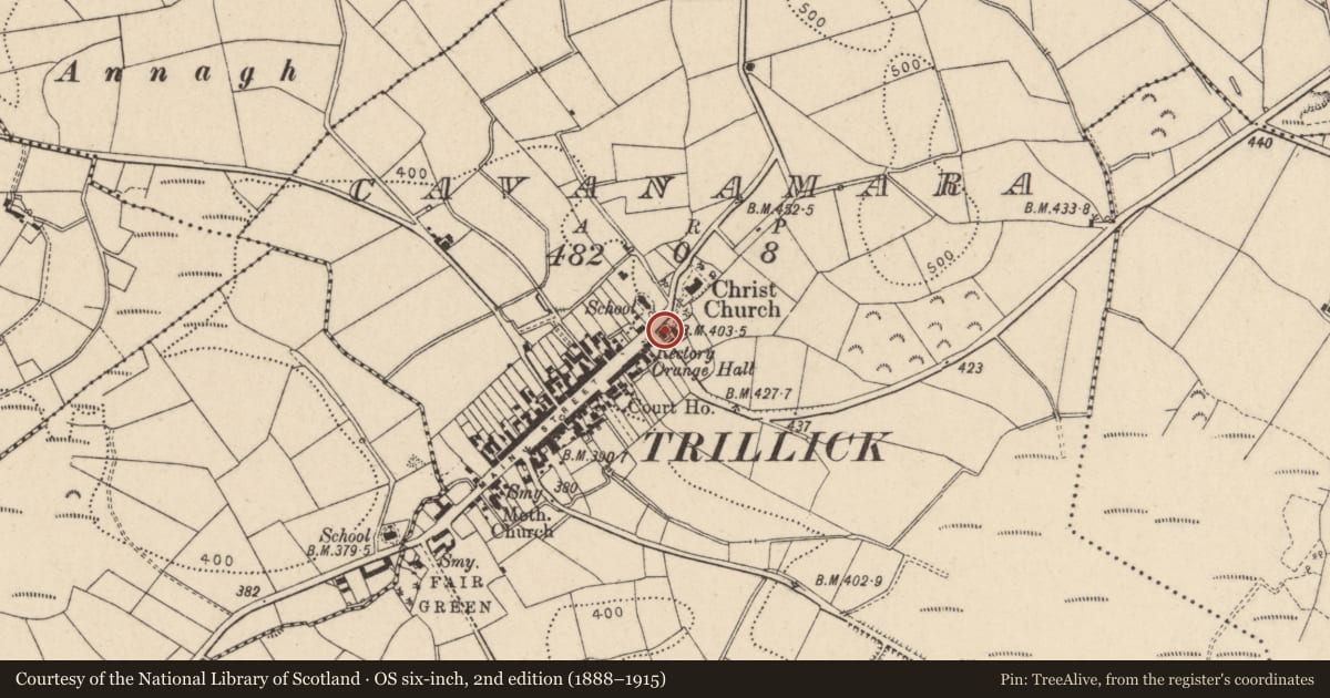 Ordnance Survey six-inch map, 2nd edition (1888–1915) covering the location of The Rectory, Main Street, Trillick, Co Tyrone BT78 3SU, Fermanagh and Omagh, with a pin at the register's coordinates