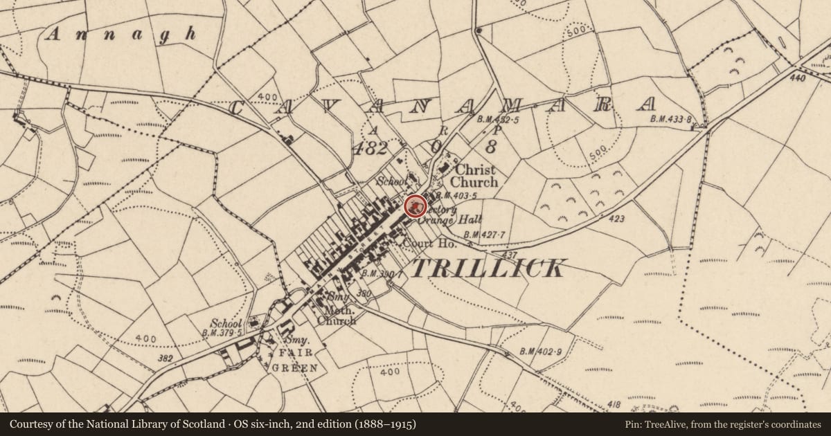 Ordnance Survey six-inch map, 2nd edition (1888–1915) covering the location of 2 Main Street, Trillick, Co Tyrone BT78 3SU, Fermanagh and Omagh, with a pin at the register's coordinates